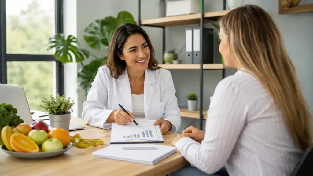 Sessão de coaching de emagrecimento com foco em hábitos e metas saudáveis.